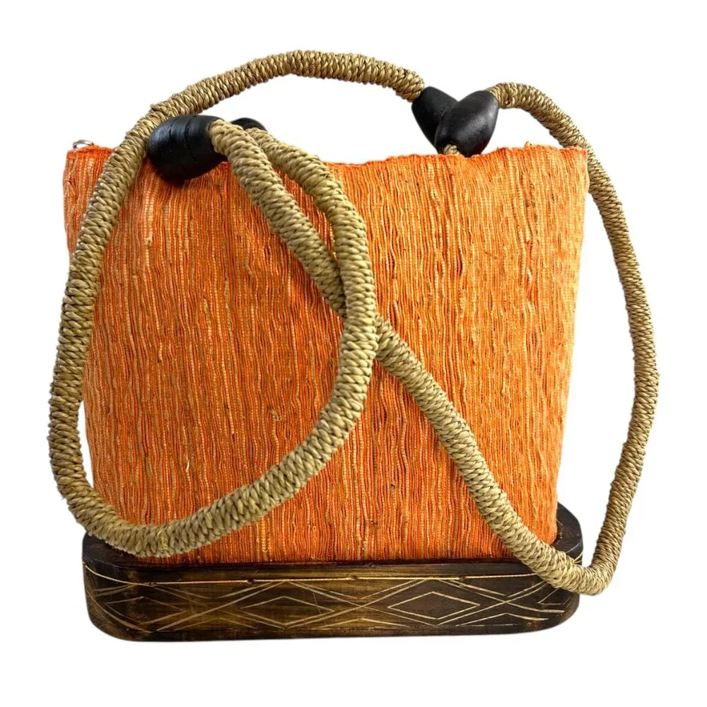 Orange Brown Natural Woven Wood Purse Tote Shoulder Bag Zip Closure - Picture 1 of 16